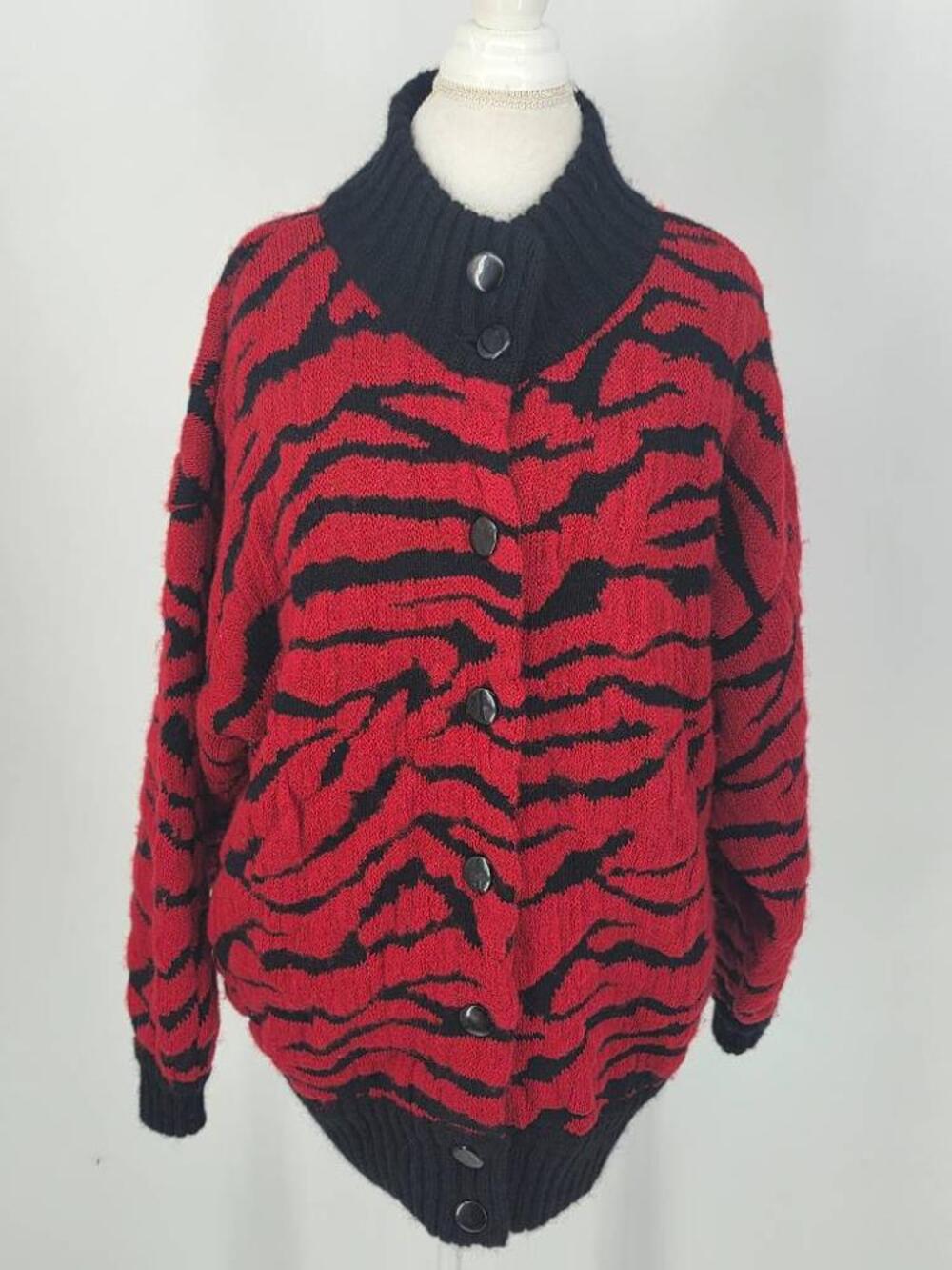 Vintage I.B. Diffusion Womens XL Zebra Tiger Mohair Cardigan Sweater Coat 90s